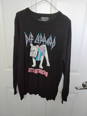 Def Leppard Crewneck Sweater - Black with Pink & Teal Graphic